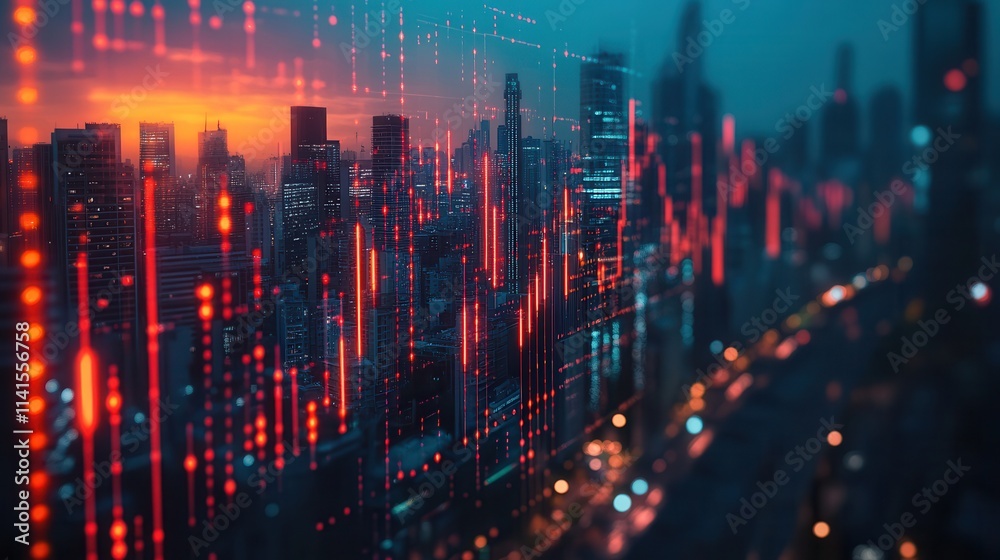 Poster a digital skyline with glowing graphs and lights, depicting a blend of urban life and data visualiza