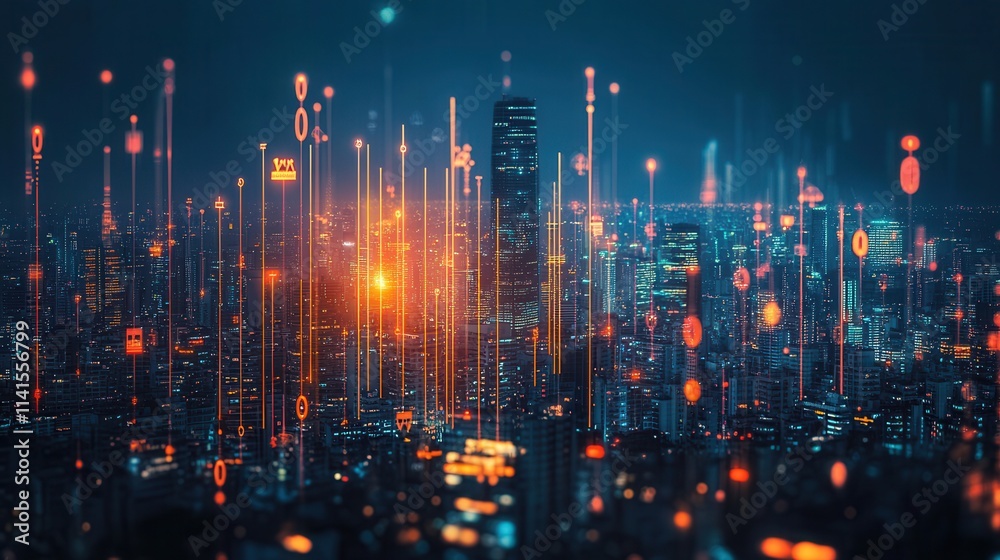 Poster a vibrant cityscape illuminated by digital lines and glowing elements, representing a blend of techn