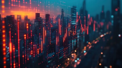 A digital skyline with glowing graphs and lights, depicting a blend of urban life and data visualization at dusk.