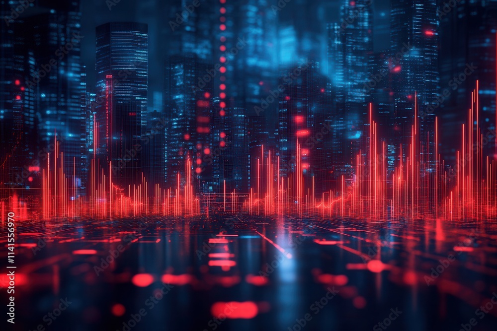 Poster a futuristic digital landscape featuring vibrant red sound waves against a backdrop of blue city lig