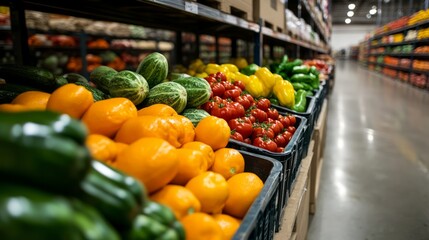 Obraz premium Colorful Display of Fresh Fruits and Vegetables in a Grocery Store Aisle Capturing the Vibrant Selection of Natural Produce for Health-Conscious Shoppers and Culinary Enthusiasts
