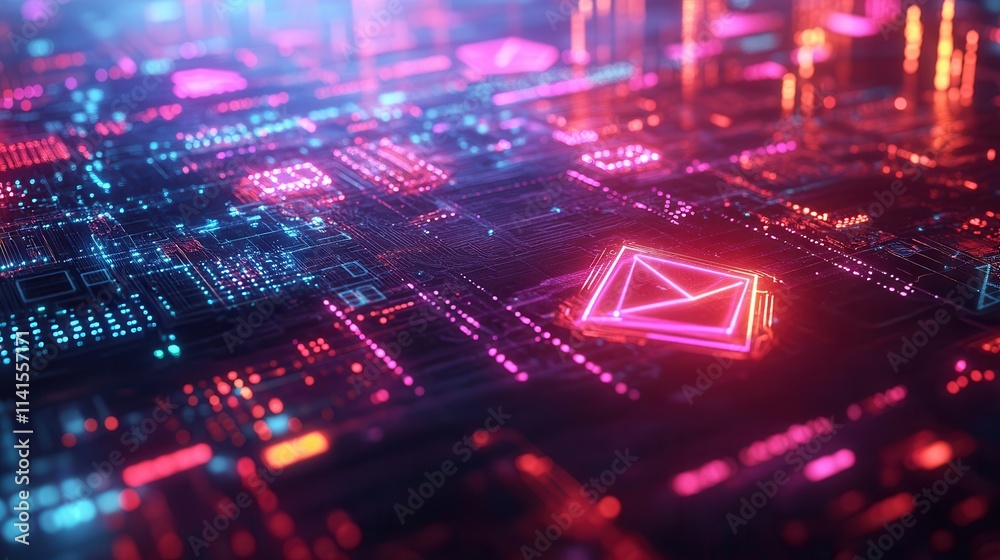 Poster a vibrant digital landscape featuring glowing neon shapes and circuit patterns, evoking a futuristic