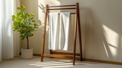 Wooden towel rack with white towels in sunny room.
