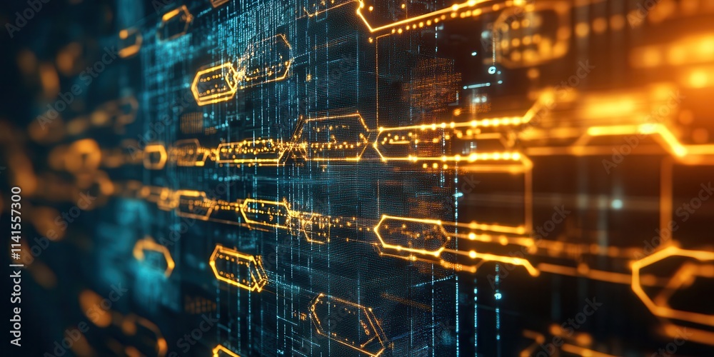 Poster A vibrant digital representation of interconnected data streams, showcasing a network of glowing lines and blocks in blue and orange hues.