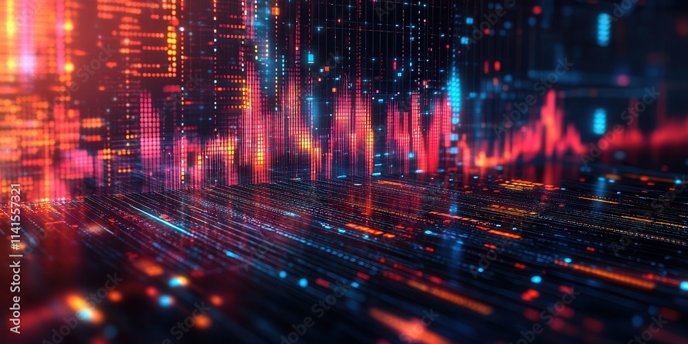 Poster A vibrant digital landscape featuring colorful waveforms and data streams, illustrating the intersection of technology and data visualization.