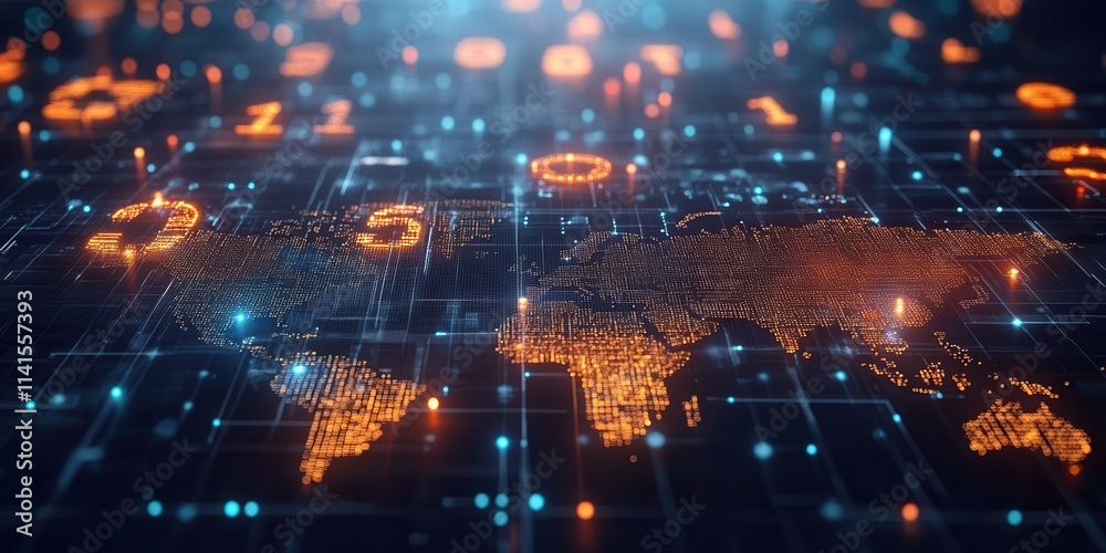 Poster A digital representation of a world map with glowing nodes and binary code, symbolizing connectivity and technology.