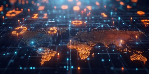 A digital representation of a world map with glowing nodes and binary code, symbolizing connectivity and technology.