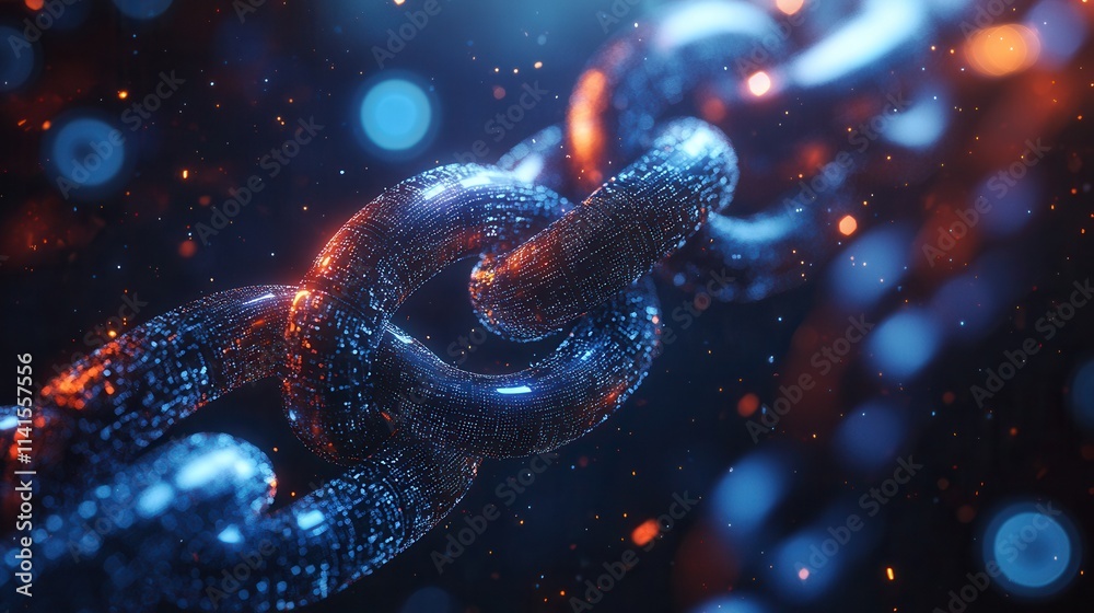 Poster A glowing, futuristic chain links together, set against a vibrant, abstract background filled with shimmering particles and soft bokeh effects.