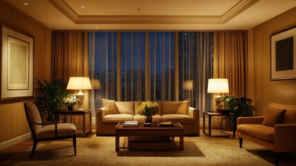 A cozy, elegantly lit living room with warm tones and comfortable furniture at night.