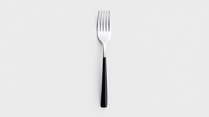 A simple fork with a black handle on a plain background.