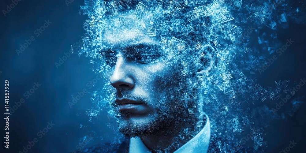 Aufkleber A digitally enhanced image of a man whose face dissolves into fluid, creating an ethereal and surreal visual effect with a blue color palette.