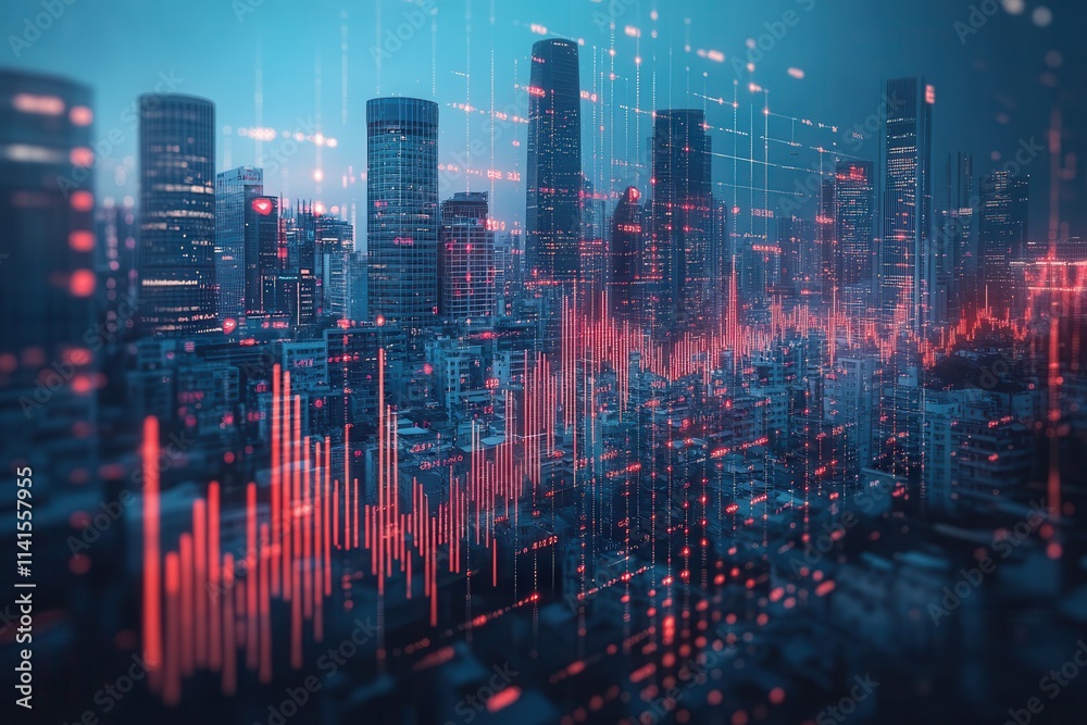 Poster a futuristic city skyline with digital data visualizations in red and blue tones, illustrating a ble