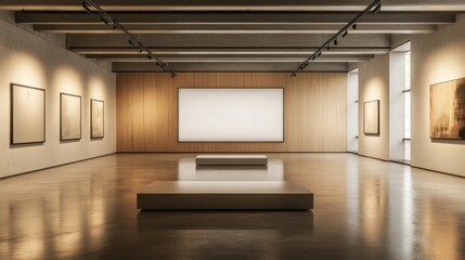 Fototapeta premium A modern art gallery featuring empty frames and a central display area.