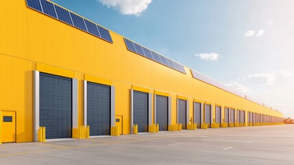 Bright Yellow Industrial Warehouse with Solar Panels Under Blue Sky in Modern Urban Environment Showcasing Sustainable Architecture and Efficient Energy Solutions