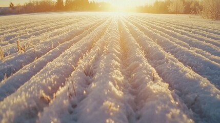 Fototapeta premium Beautiful Winter Landscape with Snow-Covered Field at Sunrise