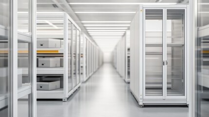 Modern Data Center with Sleek Storage Racks, Organized Server Rooms and Brightly Lit Aisles for Efficient Data Management and High-Tech Operations