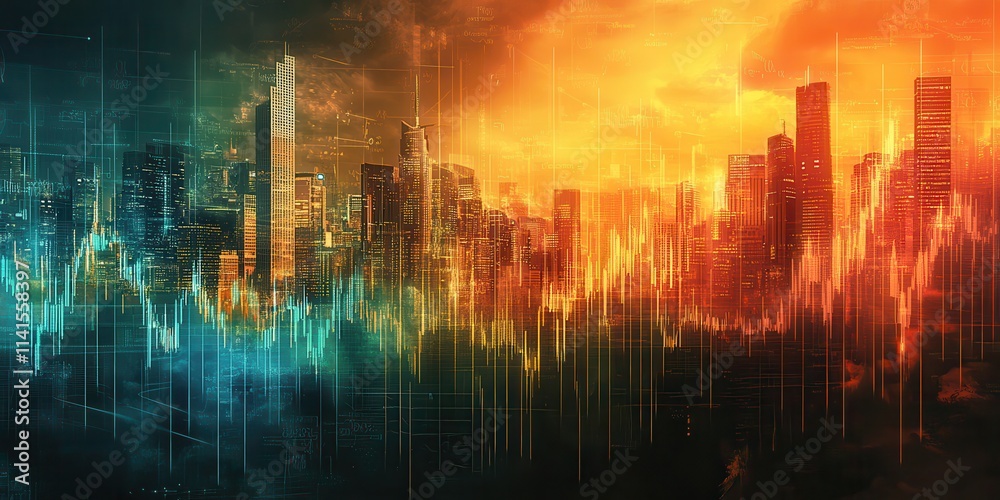 Poster a vibrant city skyline with audio waveforms, blending colors of blue and orange, representing techno