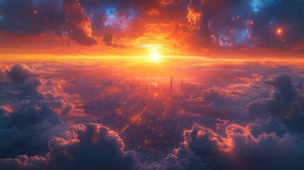 Fototapeta premium Futuristic city sunset, clouds, fiery sky.