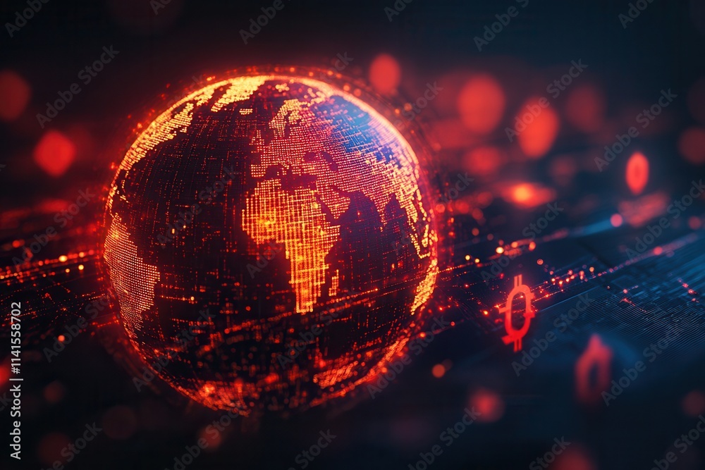 Poster A glowing digital globe surrounded by a network of data points, representing technology, connectivity, and global communication.