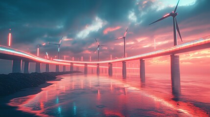 Wind turbines seamlessly integrated into a futuristic bridge design, glowing in harmony with the surrounding neon-lit infrastructure, symbolizing the fusion of renewable energy and modern engineering.