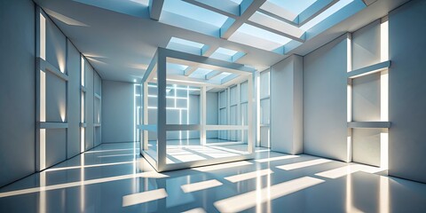 Abstract Empty Cube Wall Room with White Geometric Shapes - 3D Render Illustration for Modern Interior Design, Minimalism, and Artistic Concepts