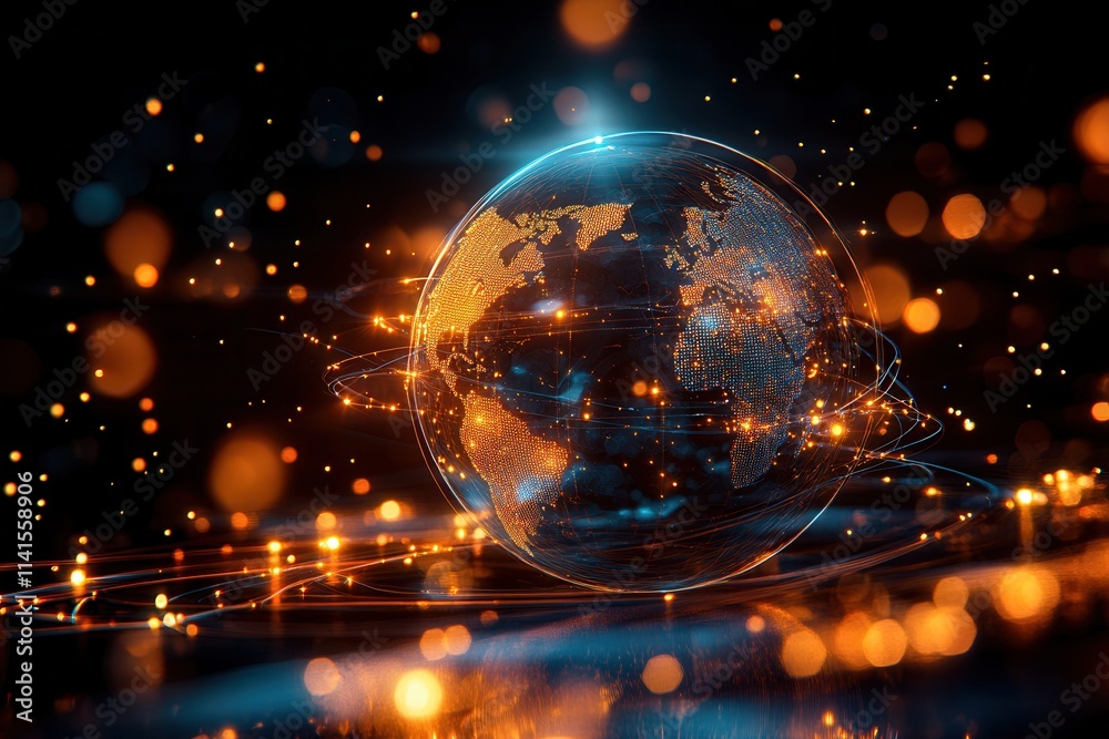 Poster A glowing globe connected by vibrant lines and light particles, representing global connectivity and technological advancement.