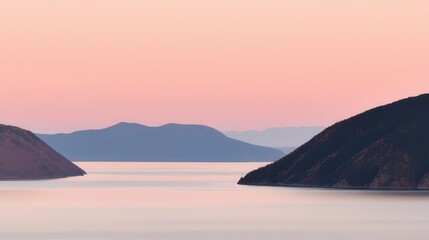 Fototapeta premium Serene sunset over mountainous lake tranquil waters landscape natural beauty aerial view calmness