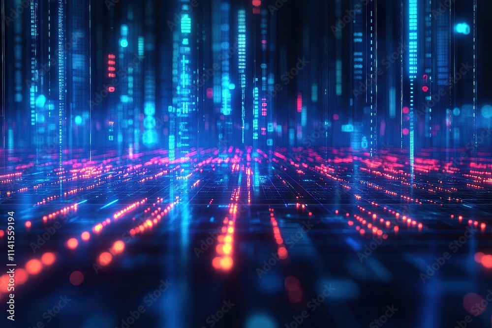 Poster a vibrant digital landscape filled with glowing blue and red lines, suggesting data flow and technol