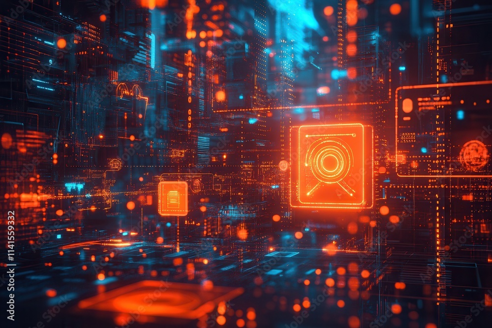 Poster a futuristic digital landscape featuring glowing orange and blue elements, symbolizing advanced tech