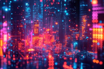 Obraz premium A vibrant, futuristic cityscape illuminated with colorful lights, showcasing a blend of technology and urban life in a digital art style.