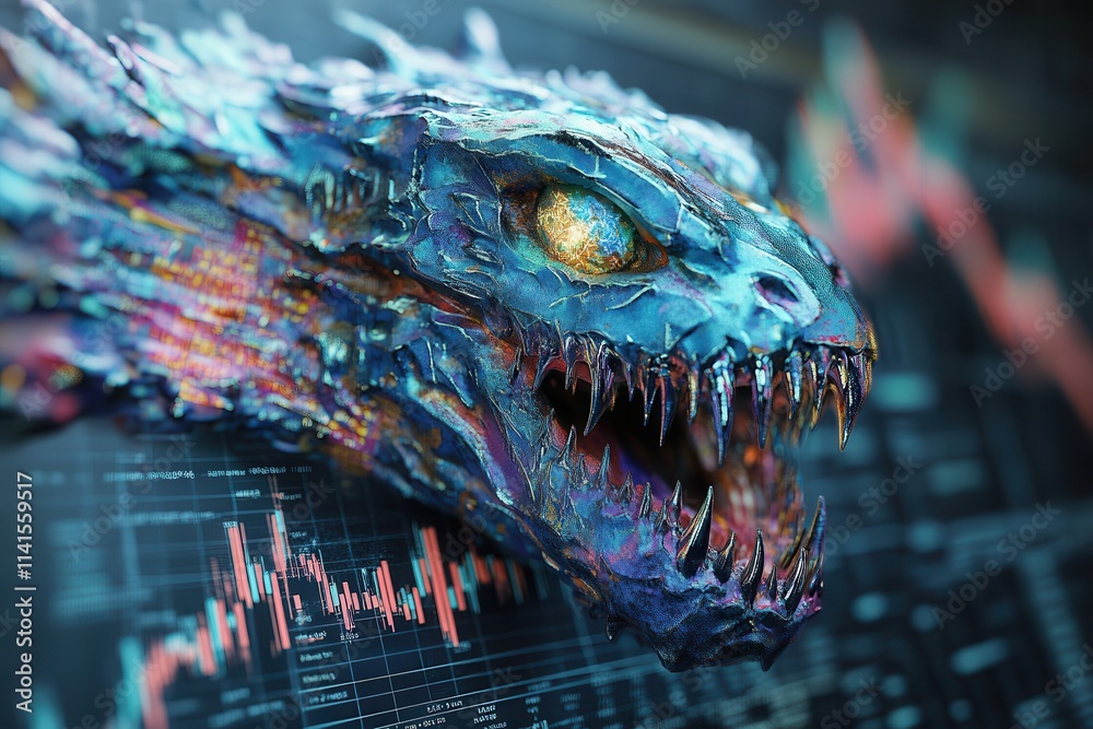 Poster a vibrant, digital dragon head emerges from a backdrop of fluctuating financial graphs, blending fan