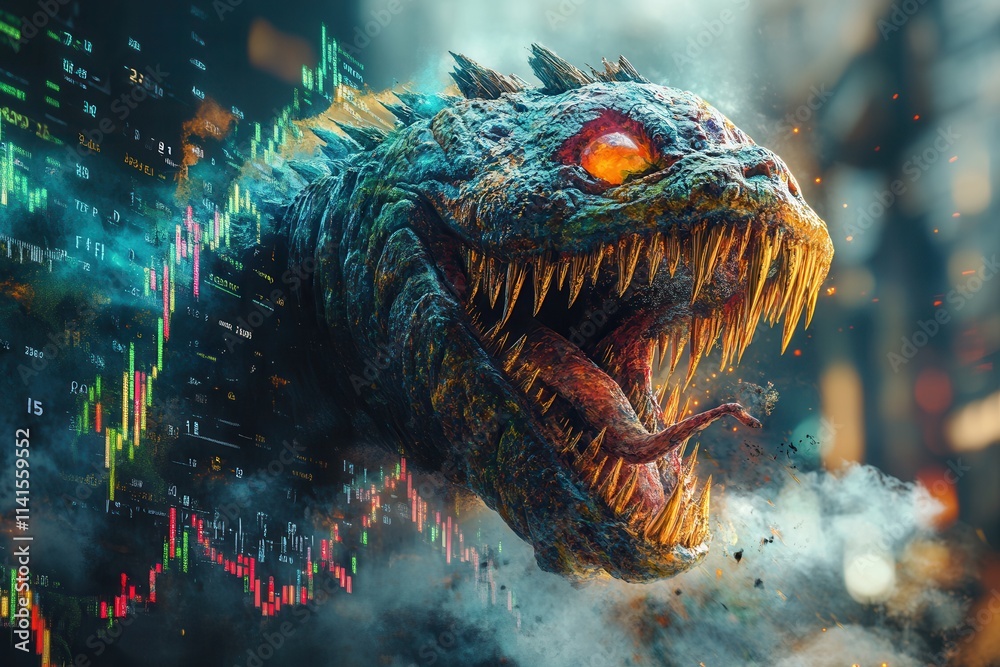 Poster A vibrant, monstrous creature emerges from a digital landscape, combining elements of fantasy and technology with glowing features and a fierce expression.
