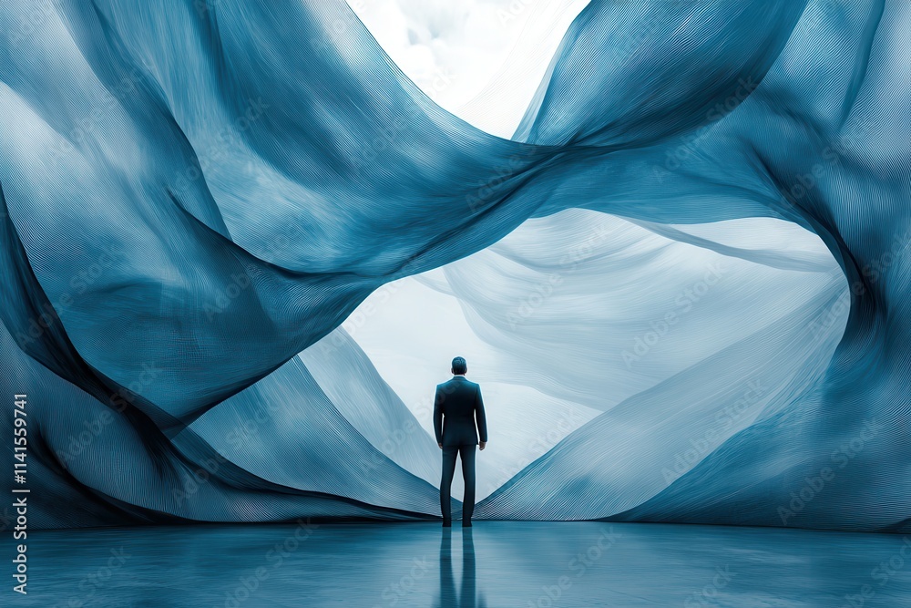 Poster a person stands in a surreal, blue-hued environment, surrounded by flowing fabric-like structures, e