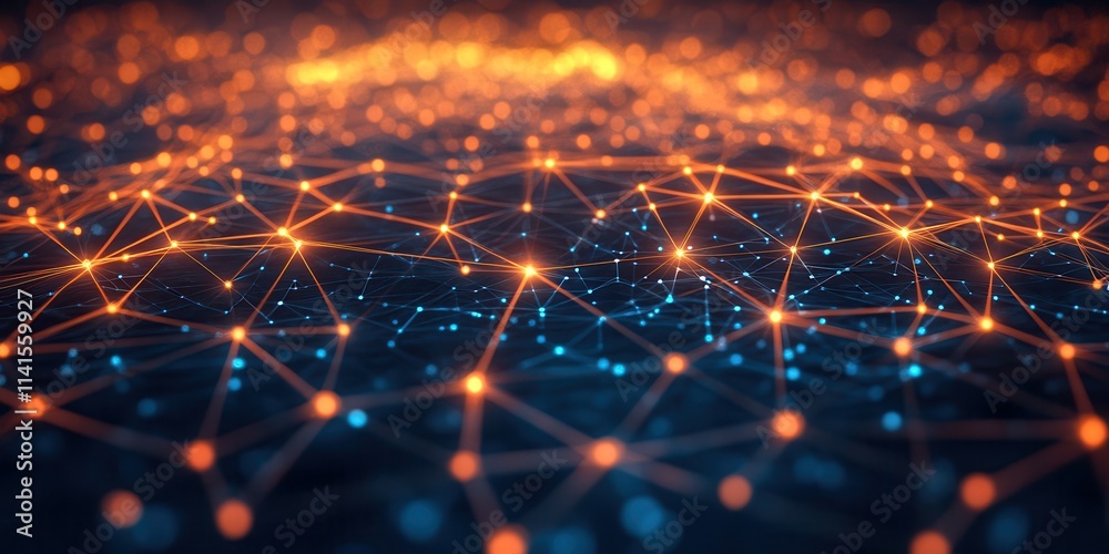Poster A vibrant, abstract representation of a network of glowing nodes and connections, illustrating technology and data flow.