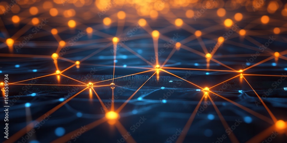 Poster A vibrant network of glowing nodes connected by lines, representing technology, data flow, or communication in a digital landscape.