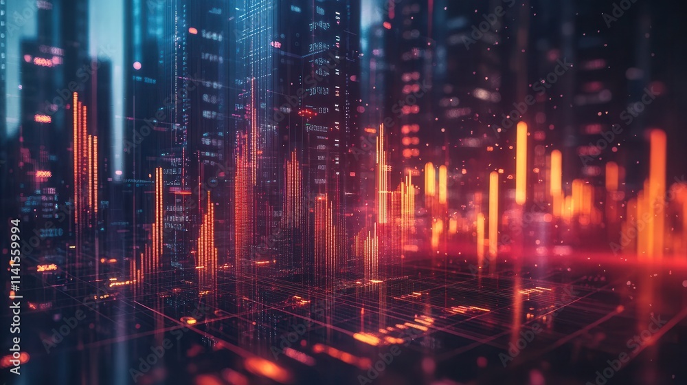 Aufkleber a vibrant digital cityscape with glowing data visualizations and towering skyscrapers, showcasing a 