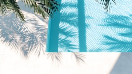 Fototapeta premium Serene Tropical Poolside Featuring Palm Shadows on Shimmering Blue Water and White Tiles : Generative AI