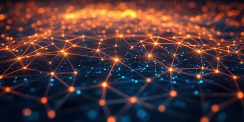 A vibrant, abstract representation of a network of glowing nodes and connections, illustrating technology and data flow.
