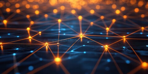 Fototapeta premium A vibrant network of glowing nodes connected by lines, representing technology, data flow, or communication in a digital landscape.