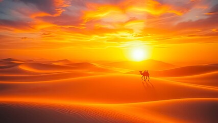 Fototapeta premium Golden Sunset Over Rolling Sand Dunes with a Lone Camel