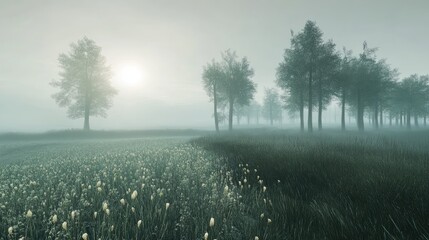 Misty sunrise over a field of wildflowers and trees.