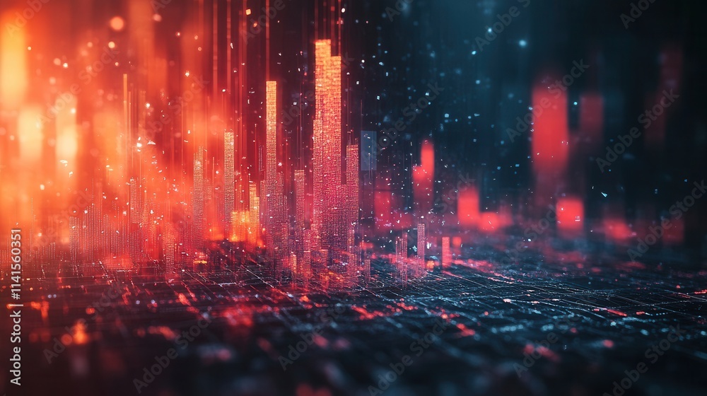 Poster vibrant digital cityscape with glowing vertical bars, representing data visualization and futuristic