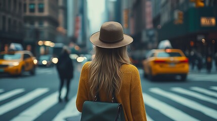 Young Woman in Stylish Hat Crossing Busy City Street in Urban Setting : Generative AI