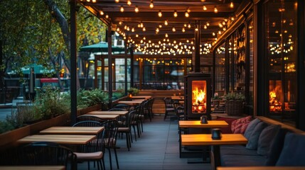 Fototapeta premium Cozy outdoor dining area with warm lighting and a fireplace.