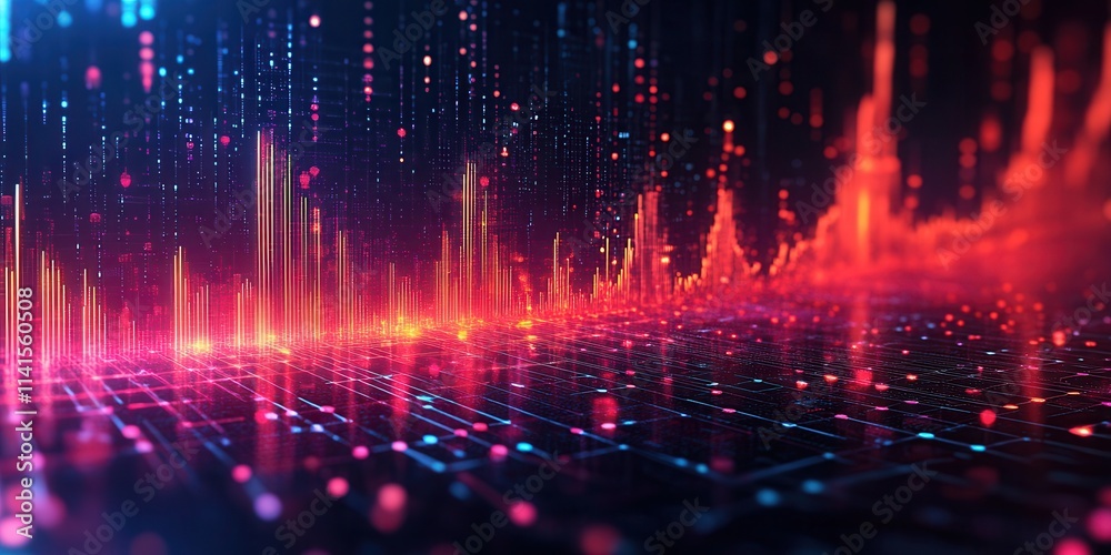 Poster a vibrant digital landscape showcasing sound waves and data visualizations in a blend of red and blu