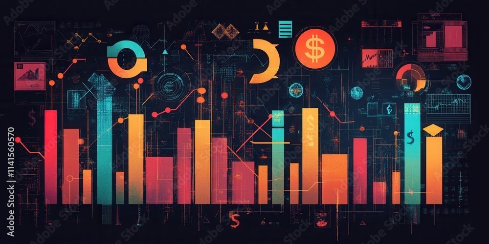 Poster a vibrant digital visualization of data analytics featuring colorful bar graphs, charts, and financi