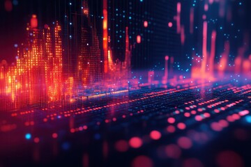 A vibrant digital landscape featuring abstract data visualizations in red, blue, and purple hues, suggesting technology and information flow.