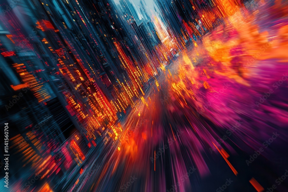 Poster a vibrant, abstract depiction of a cityscape with dynamic colors and motion blur, suggesting energy 
