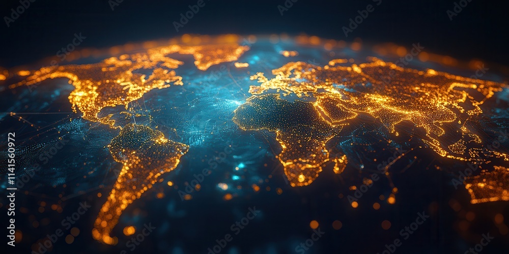 Aufkleber a vibrant, illuminated map of the world showcasing intricate networks of lights, representing cities
