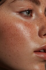 Naklejka premium Close-up portrait of a woman with freckles and natural beauty in spring